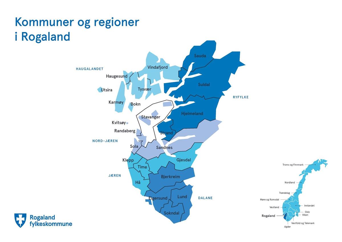 Eit kart i blå fargar som viser plassering av og kommunar i Rogaland fylke. - Klikk for stort bilete